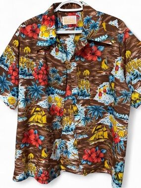 70s sears Brown Hawaiian shirt with tropical print and beach scene design